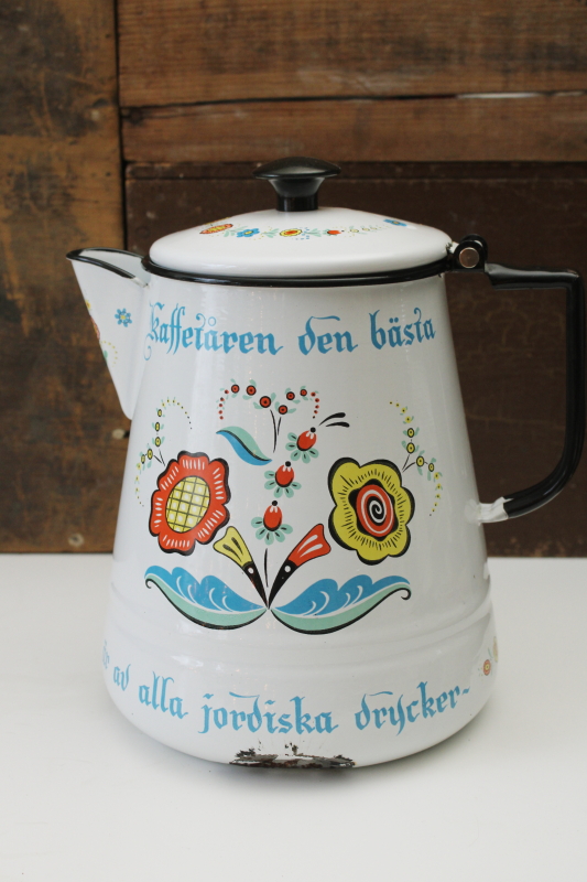 photo of vintage Berggren enamelware coffee pot, Swedish folk art saying Kaffetaren den basta Coffee the best!  #5
